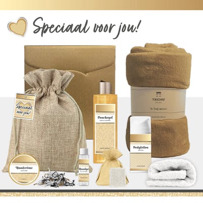 Geschenkset “Speciaal voor jou!” - 8 producten - 1090 gram - Triomf Cosmetica | Luxe Cadeaubox voor haar Wellness Pakket Vrouw Cadeau Vriendin Verjaardag Giftset Valentijn Cadeaupakket Moeder Moederdag Kerstpakket Kerst Gift Set Bedankt Hartje Goud