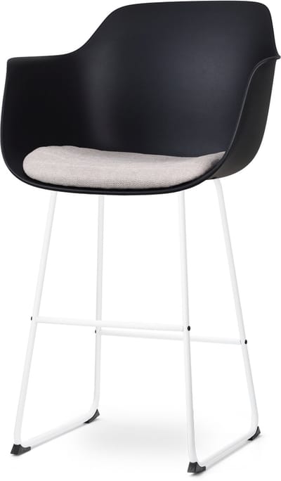 Nolon Nino-Liz Barkruk Zwart met Beige Zitkussen - Armleuning - Kunststof - Wit Onderstel - 75 cm - Barstoel met Rugleuning