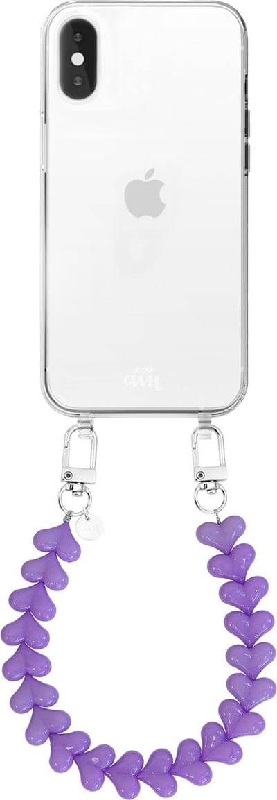 xoxo Wildhearts siliconen hoesje - Geschikt voor iPhone XS Max hoesje - Funky Hearts - Telefoonhoesje - Hoesje met koord - Paars koord - kort telefoonkoord - Hartjes ketting - Transparant hoesje