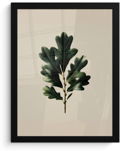 Poster in lijst - Fotolijst 30x40 cm - Posters - Eikenbladeren - Beige - Groen - Golvende randen - Posterlijst zwart - Decoratie - Wanddecoratie woonkamer - Muurdecoratie slaapkamer