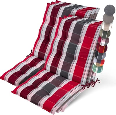 Beautissu Sun-NL – Set van 6 Premium Lage Rugleuning Kussen 100x50 cm - UV-bestendig & 8cm Dik Kussen Tuinstoelkussen Antislip Bevestigingsbanden – Stevige Stof Antraciet Rood Gestreept