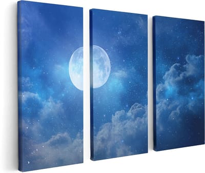 Artaza Canvas Schilderij Drieluik Volle Maan in de Blauwe Hemel met Sterren - 120x80 - Foto Op Canvas - Canvas Print