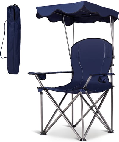 COSTWAY Campingstoel met zonnedak, visstoel met bekerhouder, klapstoel met draagtas, vouwstoel 120 kg belastbaar, visstoel, ideaal voor terras, strand, camping (donkerblauw)