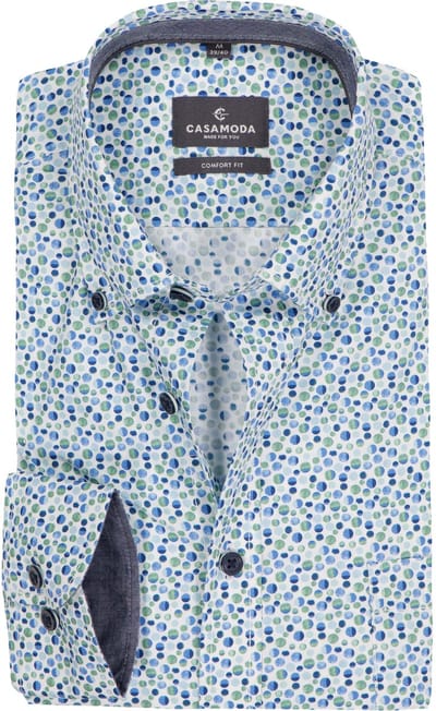 CASAMODA Sport comfort fit overhemd - popeline - wit met groen en blauw balletjes dessin