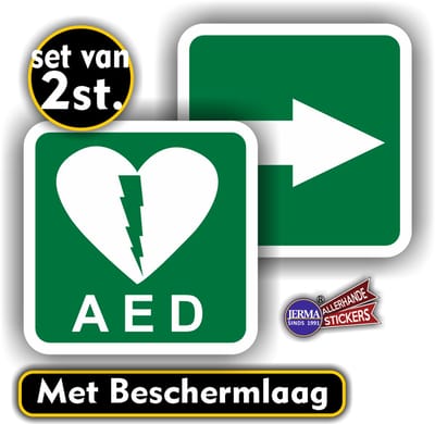 Jerma - AED - Met Pijl - Sticker - Set 2 Stuks – 10 x 10 cm – Vinyl - Weerbestendig - Zelfklevend