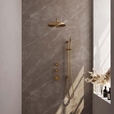 Brauer Gold Carving Thermostatische Regendoucheset Inbouw - Hoofddouche 30 cm - Gebogen Wandarm - Handdouche Staaf - Doucheslang - Geintegreerde Glijstang - Geborsteld Goud
