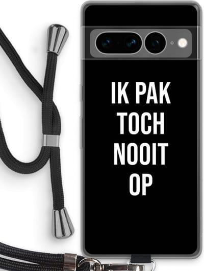 Case Company® - Hoesje met koord geschikt voor Google Pixel 7 Pro hoesje met Koord - Ik pak nooit op - Zwart - Telefoonhoesje met Zwart Koord - Bescherming aan alle Kanten en Over de Schermrand