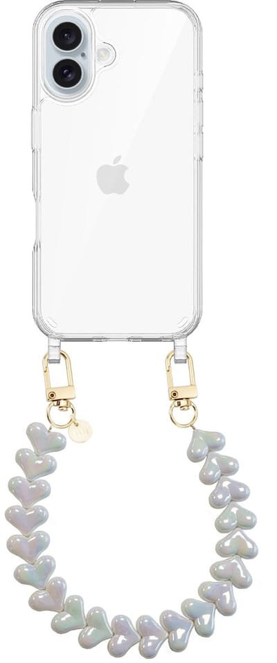 xoxo Wildhearts siliconen hoesje geschikt voor iPhone 17 hoesje - Funky Hearts - Telefoonhoesje - Hoesje met koord - Metallic Wit koord - kort telefoonkoord - Hartjes ketting - Transparant hoesje