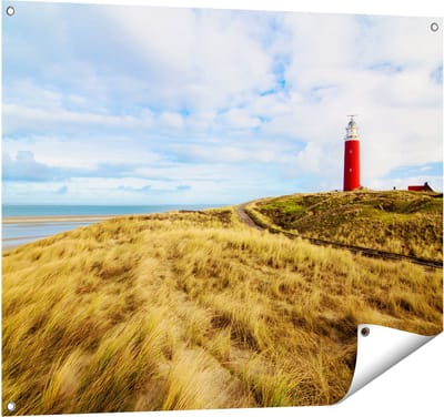 Gards Tuinposter Vuurtoren met Duinen in Texel - 100x80 cm - Tuindoek - Tuindecoratie - Wanddecoratie buiten - Tuinschilderij