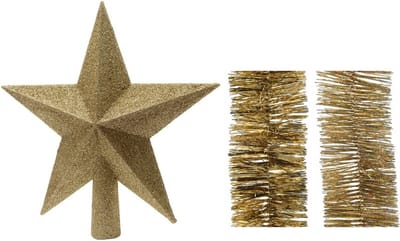 Kerstversiering kunststof glitter ster piek 19 cm en folieslingers pakket goud van 3x stuks - Kerstboomversiering