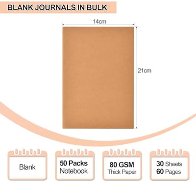 A5 Notitieboek met Blanco Pagina's - 50 Stuks Kraftpapier Notitieblokken voor School, Kantoor en Reizen