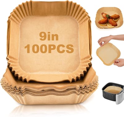 Wegwerp Luchtfrituurpapier Liners 100 Stuks - 23 cm Vierkant Niet-Aanplakken Bakpapier - Geschikt voor Luchtfrituurom 8 Liter tot 12 Liter - Voor Gegrilde Groenten, Kroketten, Kip en Meer - Gezond en Gemakkelijk Te Gebruiken