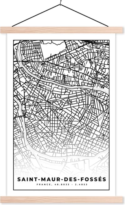 Posterhanger incl. Poster 40x60 cm - Schoolplaat - Frankrijk - Kaart - Plattegrond - Stadskaart - Saint-Maur-des-Fossés - Zwart wit - Textielposter - Blanke latten - Stadskaart
