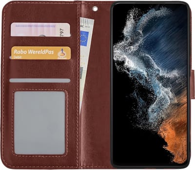 Hoesje - Met Pasjeshouder - Geschikt voor Samsung Galaxy S22 - Luxe Bookcase Portemonee - Flip Case - Kunstleer Book Case - Flipcase - Book Cover - Walletcase - Portemonneehoes - Bruin