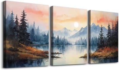 Famanu – Moderne canvas schilderijen set van 3 – zonsondergang meer landschap aquarel – wanddecoratie woonkamer/slaapkamer/keuken