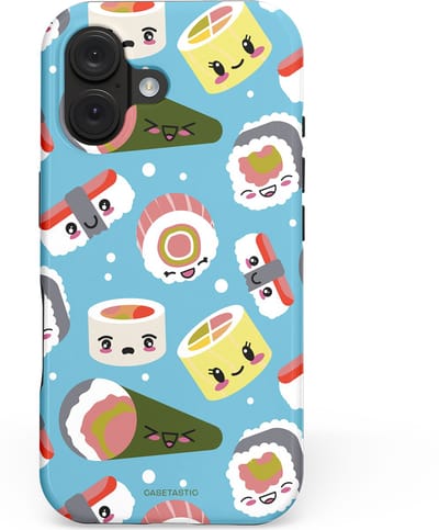 Casetastic hoesje geschikt voor Apple iPhone 16 - MagSafe - Dubbellaagse bescherming - Sushi mania - Fashion Case - Lichtblauw Grijs Wit