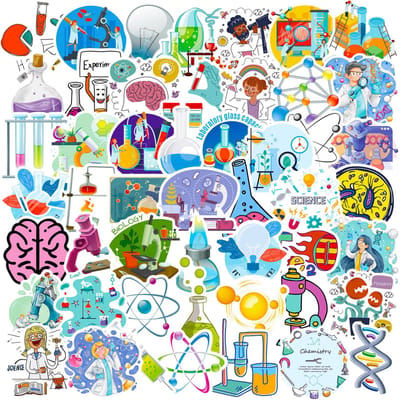 50/100 PIÈCES Équipement Scientifique de Chimie Laboratoire Dessin Animé Bricolage Ordinateur Cahier Papeterie Autocollants Décoratifs