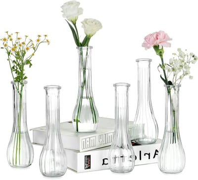 Glazen Bloemenvazen voor Bruiloften en Decoratie: Set van 6 Stuks van 21.5 cm Hoog voor Party en Woonkamer Decoratie - Ribbel Design voor een Stijlvolle Afwerking