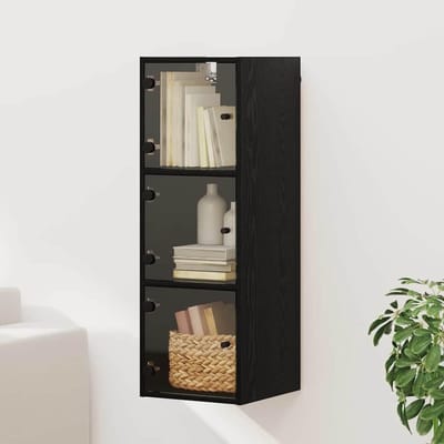 Wandkast Hout - Opbergkast - Moderne Inrichting - Met Transparante Deuren - 35x37x102 cm - Zwart Eikenlook