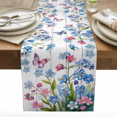 Chemin de table en lin motif fleurs aquarelle Décoration de fête Bleu printanier Floral Papillon Grain de bois Chemin de table pour salle à manger Décoration de mariage 150x33cm