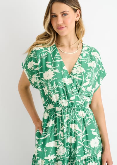Groene maxi-jurk met bloemenprint en elastische tailleband