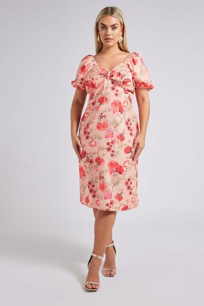 Yours London Midi Jurk Met Bloemenmotief En Korte Mouwen In Roze Size 42