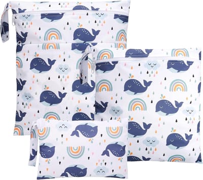 Set van 3 Wetbags voor stoffen luiers in blauw - klein, middel, groot formaat - handig en trendy.
