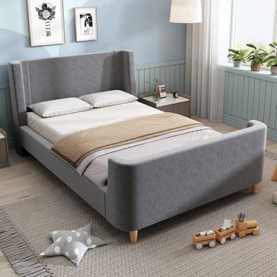 MIVRAY Kinderbed 90x200 cm - Eenpersoonsbed Zonder Matras met Ruimtemotief en Lattenbodem - Gestoffeerd Slee Bed - Fluweel - Grijs
