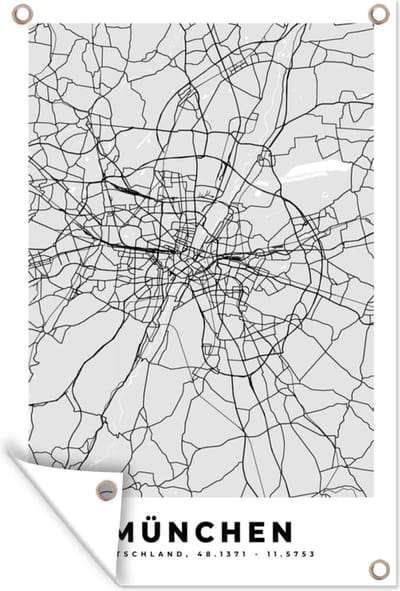 Muurdecoratie Plattegrond - München - Kaart - Stadskaart - Duitsland - 120x180 cm - Tuinposter - Tuindoek