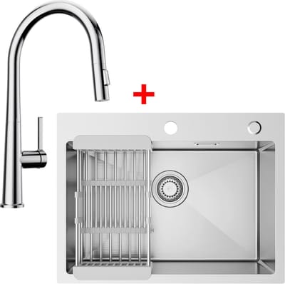 SOFETIY MAX Spoelbak voor keuken 60 x 45 cm - Spoelbakken Keuken Met C-uitloop Keukenkraan - 1 Gootsteen RVS - Wasbak Keuken Met Aftapmand en Waterafvoersysteem