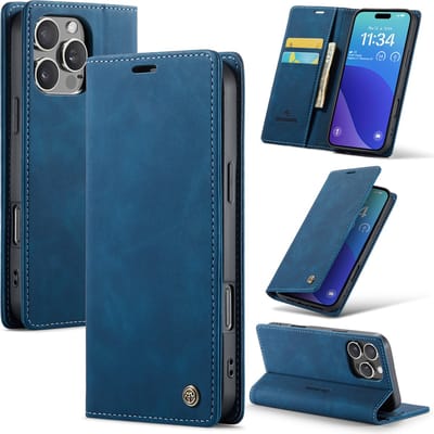 Casemania Hoesje Geschikt voor Apple iPhone 16 Pro Max - Navy Blue - Dunne Portemonnee Book Case - Slim Wallet Case met Pasjeshouder