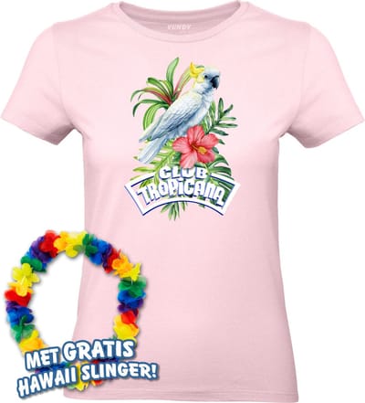 Dames t-shirt Kaketoe Tropical | Toppers in Concert 2024 | Club Tropicana | Hawaii Shirt | Ibiza Kleding | Lichtroze Dames | maat XS