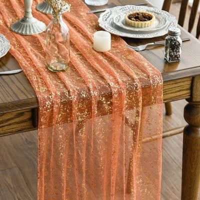 75*300cm-tafellopers textiel-Tafelloper Tule met Glitters-Prachtige woondecoratie, tafeldecoraties-Oranje - Gouden pailletten