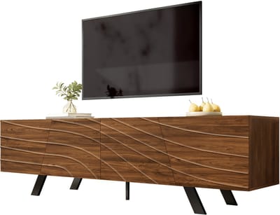 TV-Meubel- 160 x 39 x 50,5 cm - Walnoot-Look, Zwarte IJzeren Poten, Kabelbeheer - Veel Opbergruimte - MDF - Walnoot, Zwart
