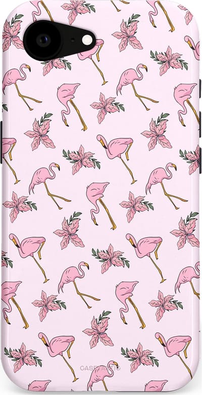 Casetastic hoesje geschikt voor Apple iPhone 16e / Apple iPhone 17e - MagSafe - Dubbellaagse bescherming - Tropisch Roze Flamigo Bloemen Paradijs - Fashion Case - Lichtgrijs Wit Lichtroze