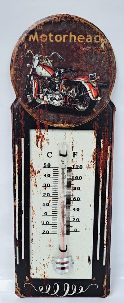 Blikken thermometer HK153 Motorhead since 1939 motor voor binnen of buiten hoogte 30 cm - celsius en fahrenheit - nostalgic vintage motor shopper