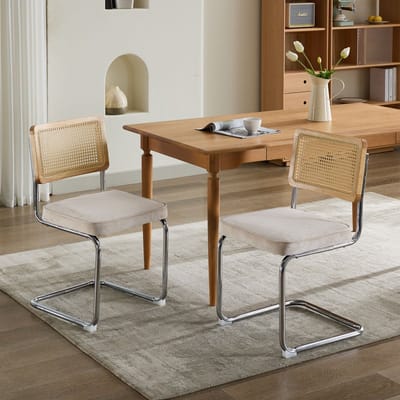 Eetkamerstoelen - 2-delig - Velvet Cane Stoel - Mid Century Breuer - Fluweel Rotan Staal - Goud
