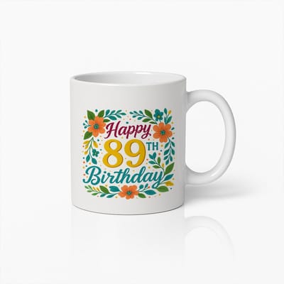Kleurrijke Gelukkige 89ste Verjaardag Mok 330ml – Bloemen- en Bladmotief – Ideaal Cadeau voor 89ste Verjaardagsfeest