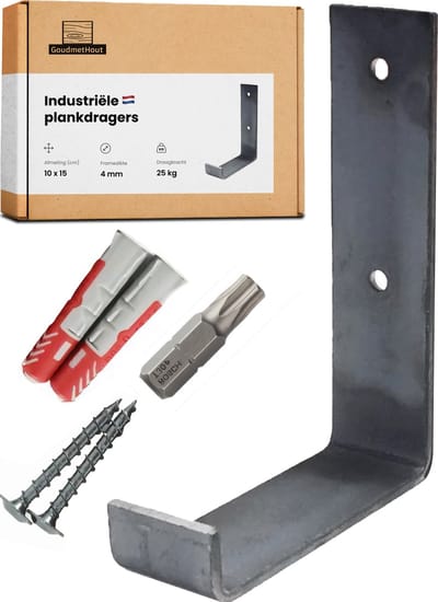 GoudmetHout® Industriële Plankdragers L-vorm UP - 10 cm - Stalen Plankdrager voor Wandschap, Muurrek of Wandconsole - Max 25 kg - 1 stuk - Zonder Coating
