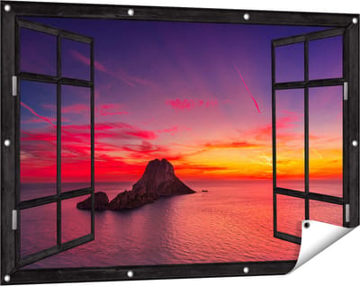 Gards Tuinposter Doorkijk Ibiza Rotsen Eiland bij Zonsondergang - 120x80 cm - Tuindoek - Tuindecoratie - Wanddecoratie buiten - Tuinschilderij