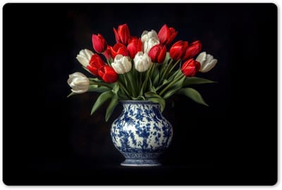 Placemats 45x30 cm - Placemat kunststof - 1 stuk - Rode - Bloemen - Tulpen - Vaas - Borden onderleggers - Decoratie voor op tafel - Keuken tafeldecoratie accessoires - Vinyl onderlegger - Tafelversiering