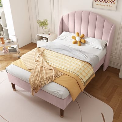 STILVORA Gestoffeerd Bed 90x200 cm – Eenpersoonsbed Met Houten Lattenbodem & Hoog Hoofdeinde – Geluidsarme Latten Voor Rust – Fluweel – Roze – Zonder matras