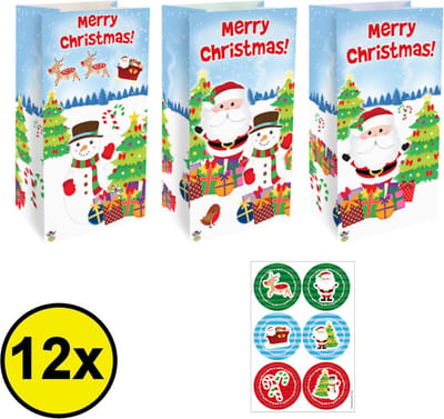 12 STUKS Traktatie Uitdeel papieren zakjes - Inclusief Stickers - KERST - Merry Christmas - Tasjes - Traktatiezakjes voor uitdeelcadeautjes - Kinderfeestje - 13x8x25 Cm