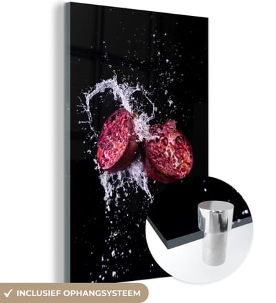MuchoWow® Glasschilderij 120x180 cm - Schilderij acrylglas - Granaatappel - Fruit - Water - Zwart - Paars - Foto op glas - Schilderijen