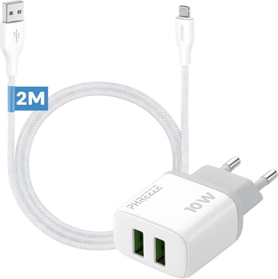 Phreeze usb oplader geschikt voor iPhone 6 7 8 X Xr Xs Plus en iPad 2017 2018 2019 2020 - 12 W dubbele usb adapter - Met oplaadkabel 2 meter