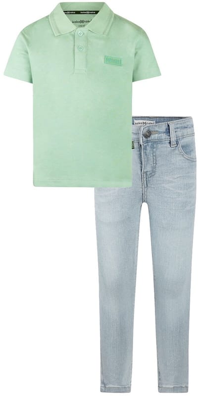 Koko Noko - Kledingset - Basic Collection - Bio Cotton - Blue jeans - Shirt korte mouw Faded green - Maat 122