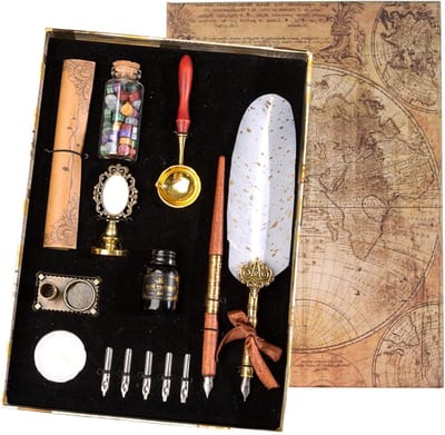 Feather Pen en Inkt Set met Brass Wax Seal Stamp, Retro Schrijfaccessoires in Cadeaubox voor Unieke Verjaardagscadeaus voor Ouders en Grootouders