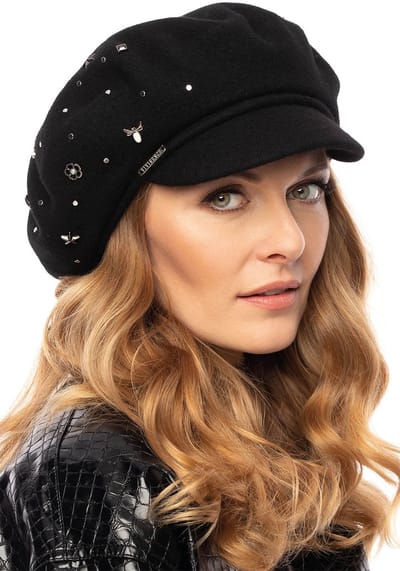 Vivisence Dames Winter Pet Met Klep - Handgemaakt Van 100 Procent Wol Met Zachte Fleece Voering Met Subtiele Metaalaccenten En Klein Logo - Houdt Warm Op Koude Dagen En Zit Comfortabel - Zwart