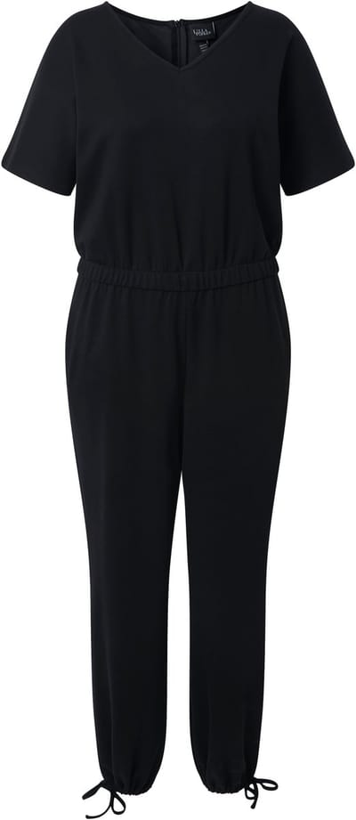 Ulla Popken - Dames - Jumpsuit V-hals elastische taille korte vleermuismouwen - Zwart - Maat 48