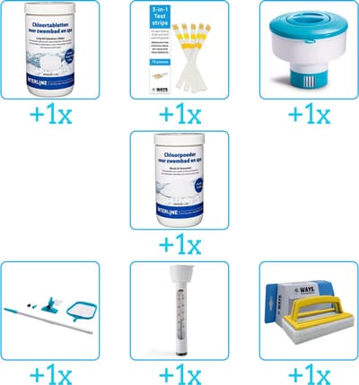 Zwembad Onderhoudspakket - Onderhoud Zwembad - bevat Chloor - Testrips - Chloordrijver - Chloor - Schoonmaakset - Thermometer en Scrubborstel (7-delig)
